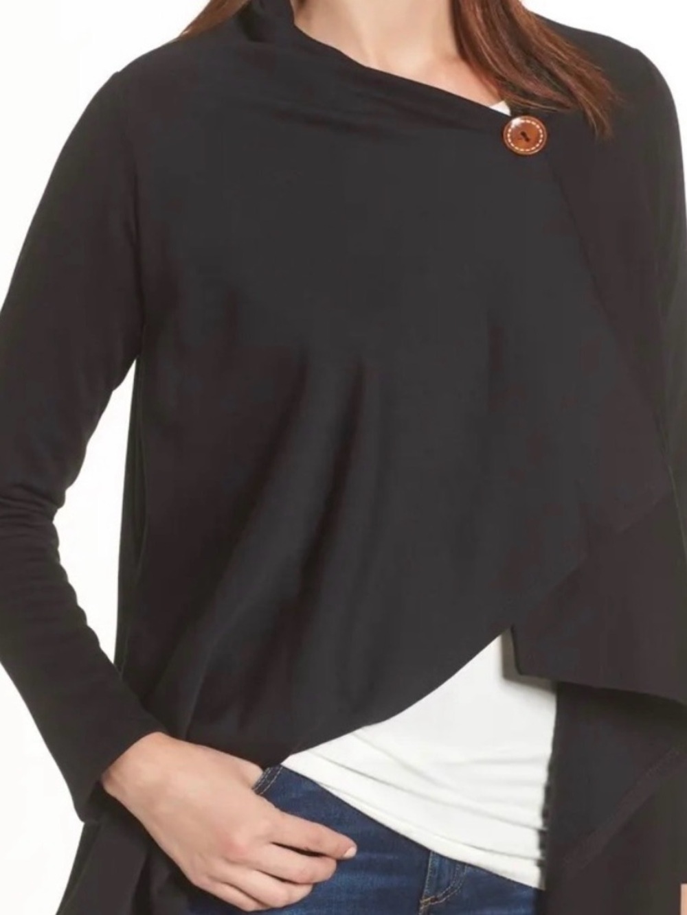 Bobeau Black One Button Fleece Wrap Cardigan Asymmetrical XS